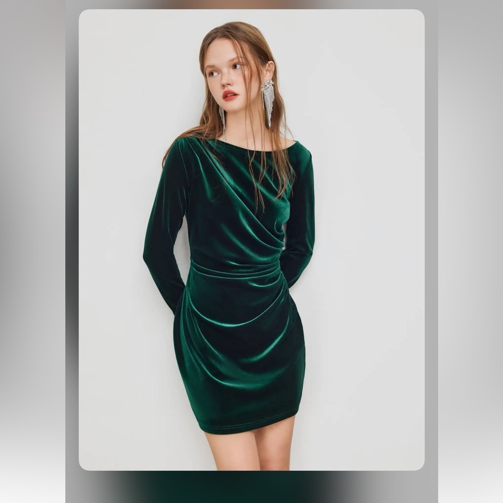 Cider VELVET BOAT NECK RUCHED MINI DRESS S UY3-2